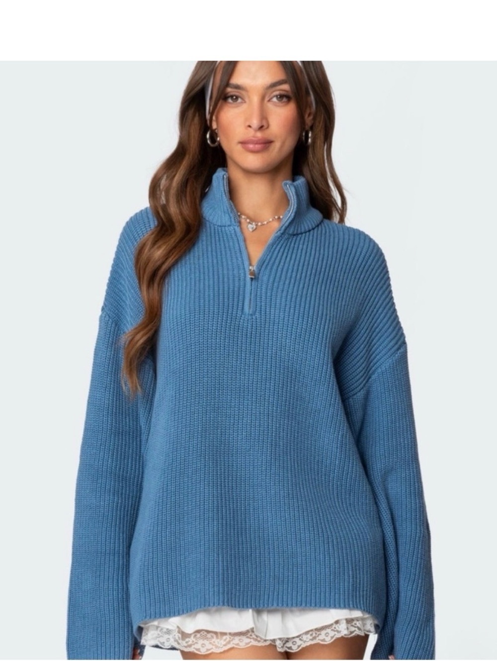 Edikted Dusty Blue Ribbed Quarter-Zip Turtleneck Sweater